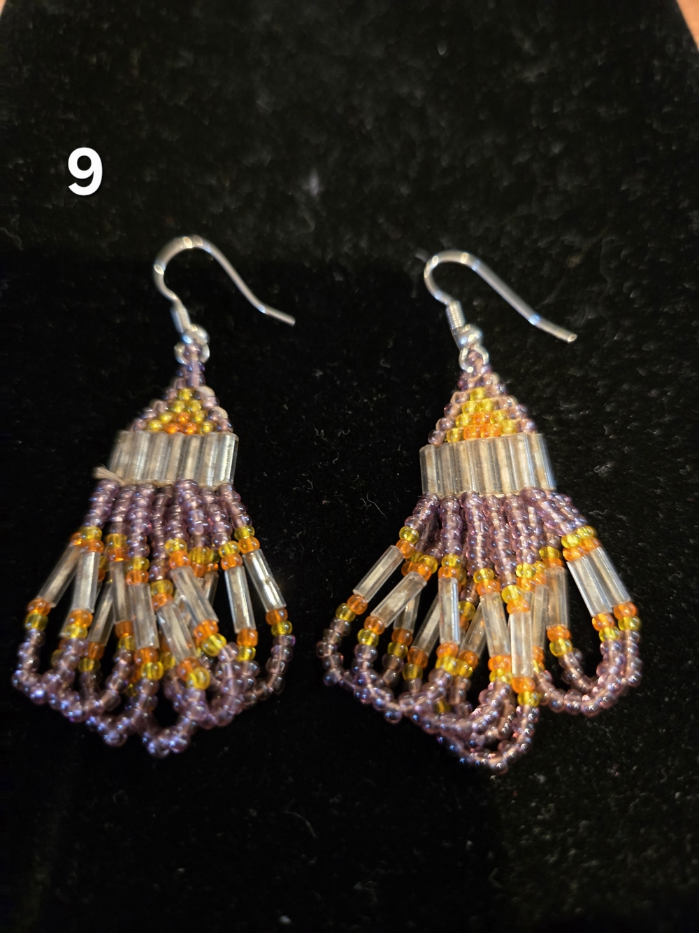 Handcrafted Purple and Yellow Beaded Fringe Earrings